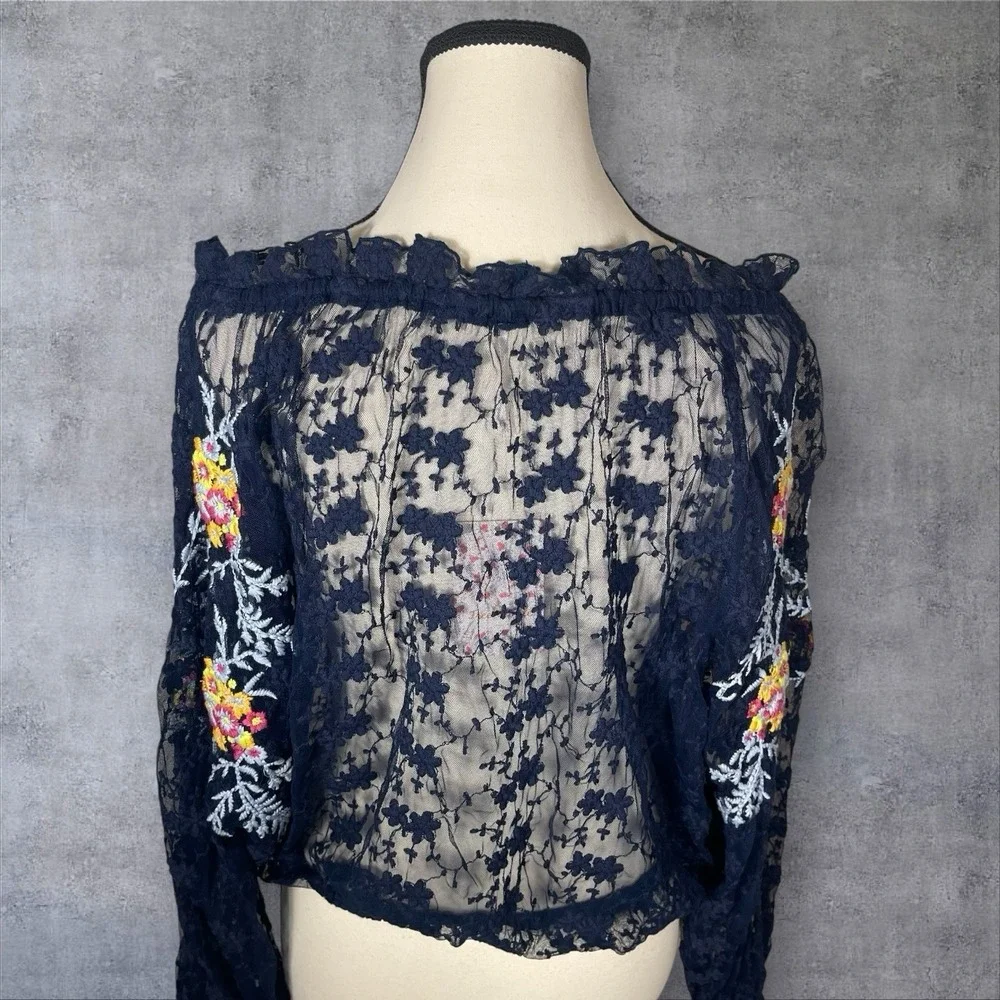 Free People Blue Jubilee Lace Floral‎ Embroidered Sheer Top Womens S Boho Mesh